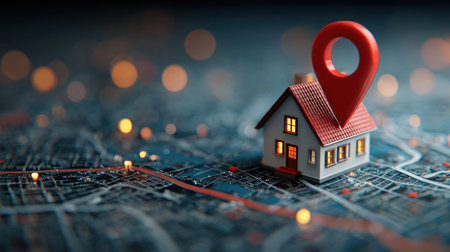 A small house model sits atop a map, accented by a prominent red location marker. The scene is illuminated by soft, warm light emanating from the house and scattered bokeh. The composition uses blurred elements to create depth and focus. Suitable for representing real estate, location, or travel concepts.の素材