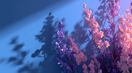 A close-up captures lavender flowers bathed in sunlight, casting intricate shadows on a blue surface. The image showcases soft textures and gradients of pink and purple hues. The composition suggests an indoor setting with diffused lighting, suitable for various editorial and commercial applications.の素材