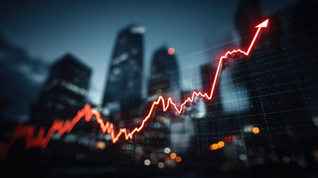 An illuminated red graph ascends, superimposed over a blurred urban environment. The composition features skyscrapers against a dark background, with bokeh effects suggesting artificial light. The image's color scheme is dominated by red and dark tones, suitable for illustrating business, finance, or market-related concepts in a commercial context.の素材