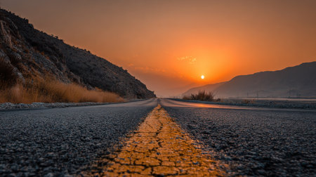 An asphalt road stretches into the distance, flanked by mountains, under an orange sunset sky. The photograph displays a low-angle perspective emphasizing the road's linearity and the expansive natural environment. The composition features golden hour lighting, adding warmth and depth suitable for various commercial or editorial applications.の素材
