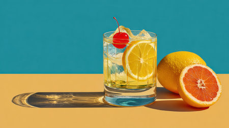 A glass of refreshing beverage stands on a table next to citrus fruit. The drink is garnished with a lemon slice and a cherry. The composition is brightly lit against a colored background. This image is suitable for various commercial uses, including advertising and editorial content.の素材