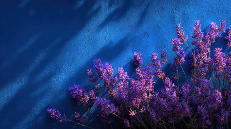 This image showcases vibrant purple lavender blossoms gracefully arranged on a textured blue surface. The composition is illuminated by soft sunlight, casting shadows that add depth. Ideal for various design projects, it presents a visually appealing aesthetic suitable for editorial and commercial applications.の素材