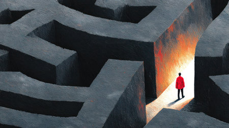 An illustration depicts a person, seen from the back, wearing a red coat. The figure stands at the exit of a complex maze, illuminated by a bright, warm light. The image features a monochromatic color palette of grays with a striking contrast, potentially ideal for various commercial and editorial projects.の素材