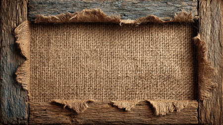 An overhead view reveals a rectangular burlap frame encased by weathered wooden planks. The burlap exhibits a coarse texture, while the wood displays visible grain and subtle color variations. The lighting is soft, emphasizing the textures. Ideal for design elements, backdrops, and other creative purposes.の素材