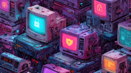 This image features a collection of vintage computer monitors, each displaying security icons. The composition utilizes a variety of colors, creating a vibrant and slightly abstract aesthetic. This artwork could be suitable for illustrating themes related to technology, security, or the digital world. Its creative style may be suitable for various editorial and commercial applications.の素材