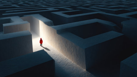 A person wearing a red outfit stands at the end of a maze. The high-angle perspective highlights the symmetrical structure of the maze. The lighting contrasts the light path with the darker, shadowy corridors. This image could be used for various commercial projects related to decision-making or problem-solving.の素材