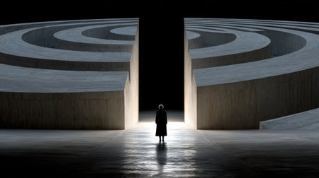 A solitary figure stands within a stark, minimalist environment, framed by monolithic concrete forms. The geometric design features concentric circular elements. Harsh lighting creates strong shadows and highlights the architectural details. Suitable for commercial applications needing evocative imagery, the scene suggests contemplation.の素材