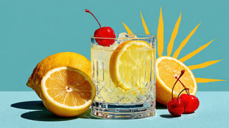 A vibrant cocktail features a lemon slice and a cherry garnish, presented in a clear glass. The composition highlights a cool, refreshing beverage against a turquoise backdrop, complemented by yellow citrus and radiating sunlight elements. This image may be suitable for advertisements or editorial content related to beverages.の素材