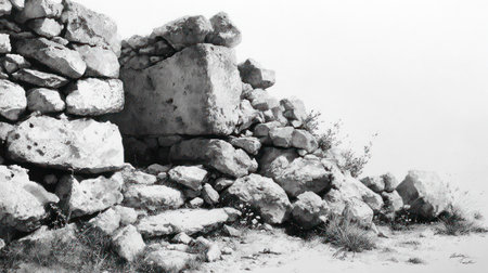 A grayscale image shows a weathered stone wall, likely part of an ancient structure. The composition emphasizes the irregular shapes and textures of the rocks, contrasting against a bright background. This photograph suggests a historical setting and could be useful for editorial content or design projects needing a rustic visual.の素材