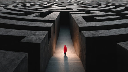 A person wearing red stands at the entrance of a dark stone labyrinth. The image has a low-angle perspective, with the figure silhouetted against the bright opening. The composition evokes themes of decision-making and problem-solving, with a focus on uncertainty. Ideal for editorial content, conceptual projects, or illustrating challenges.の素材