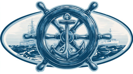 This illustration presents a nautical emblem featuring a ship's wheel, an anchor, and elements of a maritime scene. It showcases shades of blue with textured details, depicting ships sailing on waves. The composition suggests a sense of navigation and travel, suitable for various design projects and commercial applications.の素材