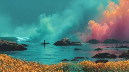 A person surfs on calm waters, rocks are spread throughout, complemented by a brilliant display of colorful clouds. The composition has a dreamlike quality due to the vibrant colors and soft textures. The image suggests an open environment and could be used for various projects, including advertising materials or artistic publications.の素材