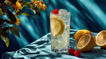 A tall glass filled with ice, a lemon slice, and a cherry sits on a table. The drink is the focal point, set against a teal background with shadows. The lighting is soft and natural. This image is suitable for promotional materials, websites, and editorial content.の素材