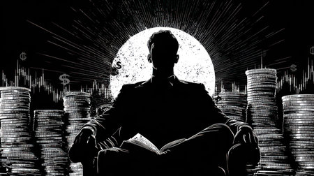 This black and white image showcases a man's silhouette seated in a chair, set against a backdrop of financial symbols and stacks of coins. The monochromatic tones and dramatic lighting highlight the subject's form. Suitable for illustrating concepts related to wealth, business, and economic themes, it may be used in various commercial applications.の素材