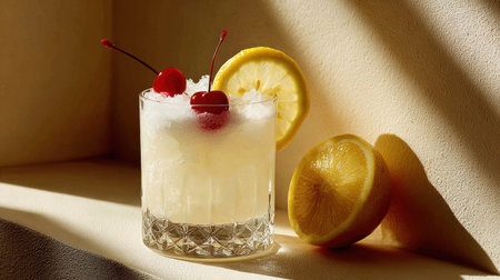 A refreshing cocktail is presented with cherries, a lemon slice, and ice. The scene features bright daylight with soft shadows, suggesting an indoor setting. The composition includes visual elements for commercial or editorial usage, potentially showcasing beverage preparation or summer enjoyment.の素材