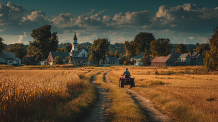 An outdoor scene features a person riding an ATV on a dirt road through a wheat field. The composition includes a distant village with a church. Warm tones and natural light create a pastoral atmosphere. This image could be used for various commercial projects related to agriculture or travel.の素材