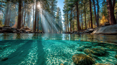 A stunning visual features clear, turquoise water reflecting sunlight filtering through tall trees. The composition includes a half-underwater perspective, with visible rocks below the surface. This serene environment is illuminated by bright rays. Suitable for use in various commercial and editorial projects focused on nature and tranquility.の素材
