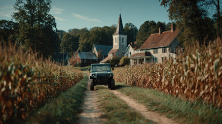 An off-road vehicle is shown driving down a dirt path, flanked by tall vegetation, leading towards a rural village. The image depicts the vehicle against a backdrop of a church and houses under a clear blue sky. It is bathed in natural light and presents a sense of travel, adventure, and exploration. The image could be used for advertising or editorial content.の素材