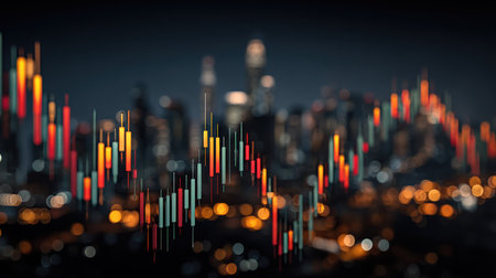 Abstract financial trading graph is overlaid on a blurred cityscape. The image features colorful lines representing market data. The composition uses a dark color palette. Ideal for illustrating finance, investments, business reports, and economic forecasts.の素材