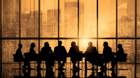 A group of professionals sit around a table in silhouette against a large window. The image showcases a warm, orange color palette, suggesting a sunset or artificial lighting. The composition emphasizes the teamwork aspect. Suitable for use in presentations, business publications, and commercial projects.の素材