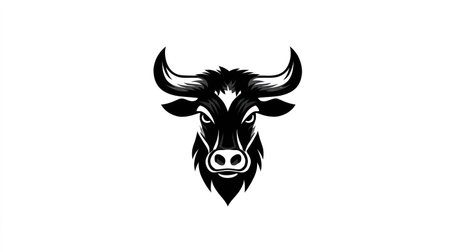 A monochrome illustration features a detailed depiction of a bull's head. The artwork presents high contrast with a focus on form and texture, utilizing bold lines and shading. Ideal for various commercial uses, this image could serve as a graphic element or a symbol, particularly within design projects.の素材