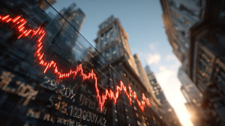 An image showcases a city skyline with a glowing red stock market graph superimposed over it. The composition utilizes a low-angle perspective, emphasizing towering buildings and the dynamic graph. The lighting suggests a daytime setting, suitable for illustrating business, finance, or economic volatility in multiple applications.の素材