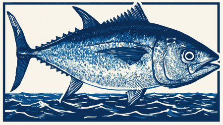 A detailed illustration presents a tuna fish rendered in shades of blue. The artwork features textured linework suggesting scales and water. The composition is likely designed for commercial uses, conveying a sense of marine life with a graphic style. The image has a clean aesthetic for diverse visual projects.の素材