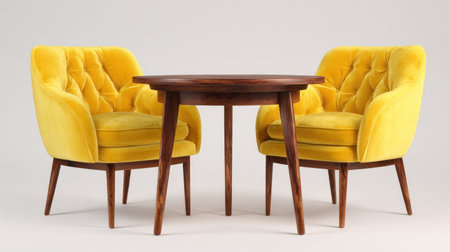 Two bright yellow armchairs flank a dark wooden table in this image. The chairs feature a textured, tufted design with wooden legs. The simple composition and even lighting create a clean, modern aesthetic suitable for various commercial uses. The setting appears to be an interior space, with a plain backdrop.の素材