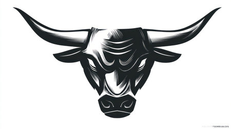 This image presents a monochrome bull head illustration, characterized by bold lines and a striking silhouette. The artwork showcases intricate details within the horns and facial features. The style suggests a digital vector design, suitable for a variety of creative applications. Potential uses include branding, graphic design, or editorial content.の素材