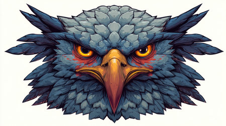 This illustration presents the detailed head of an owl, rendered in a stylized manner. The artwork showcases a striking color palette with shades of blue and orange. The composition highlights intricate feather patterns and an intense gaze, potentially suitable for various illustrative purposes.の素材