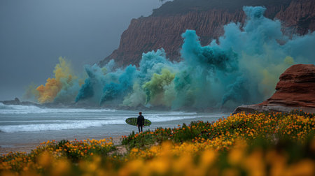 A person with a surfboard stands on a beach, facing a breaking wave composed of colorful, abstract elements. The image displays a scenic coastal view. The scene is illuminated by overcast lighting. This image could be used for various commercial projects and visual storytelling needs.の素材
