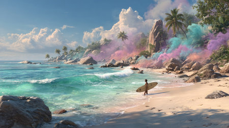 A surfer walks along a sandy beach carrying a surfboard. The scene showcases ocean waves, palm trees, and rocks under a bright sky. The artistic illustration incorporates vibrant pastel-colored smoke, creating an ethereal and dynamic composition. Suitable for creative projects, promotional materials, or website design.の素材