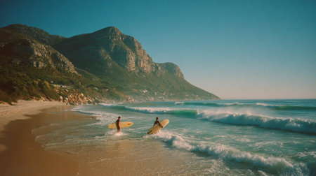 Two individuals carry surfboards while entering ocean waters near a mountainous coastline. The image exhibits natural lighting with a blend of blue and yellow hues. The composition includes the sea, beach, and mountain range, suitable for representing travel, sports, or outdoor activities. Potential applications include commercial and editorial usage.の素材
