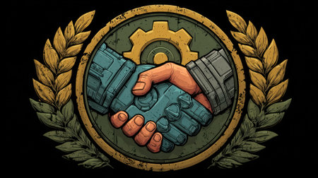 An illustration depicts a handshake within a circular emblem, surrounded by wheat. The artwork features a limited color palette with prominent shades of green, gold, and brown. The composition suggests teamwork and agreement against a dark background, suitable for diverse applications. The image can be used in commercial or editorial contexts.の素材