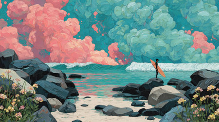 A surfer stands on a rocky beach, gazing at incoming waves. The artwork presents a stylized landscape with vibrant pink and teal clouds, creating a dramatic backdrop. The composition features a serene ocean with a person holding a surfboard, suggesting activity. This image is suitable for various commercial or editorial applications.の素材