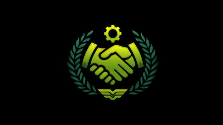 This graphic presents a stylized handshake emblem, featuring a gear icon above and laurel wreath. The design employs shades of green and yellow against a dark background. It is likely a symbol related to partnership, collaboration, or industry, suitable for diverse uses.の素材