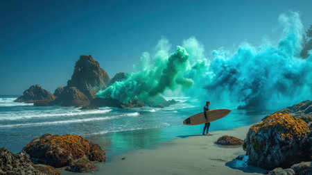A surfer stands on a sandy beach holding a surfboard, facing a crashing wave and rocky coastline. The scene displays vibrant turquoise and teal tones with the use of a dramatic effect. This digitally created artwork might be useful for travel promotion or general lifestyle content.の素材