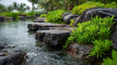 A stone pathway spans gently flowing water, leading towards a blurred background. The composition highlights dark rocks contrasting with vibrant green foliage. The scene is bathed in natural light, evoking a sense of tranquility and ideal for various visual projects.の素材