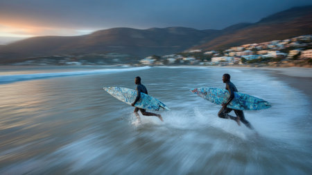 Two figures carry surfboards, running towards the ocean waves on a sandy beach. The image features motion blur and captures the movement of the figures against the water. The scene takes place during twilight, with a mountain range in the background. It is suitable for a variety of editorial or commercial projects.の素材