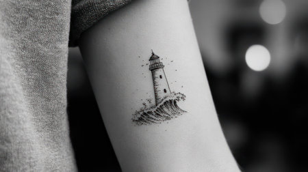 This black and white image displays a lighthouse tattoo on an arm, representing a coastal scene. The design features a lighthouse atop a wave, rendered in a detailed style. This image uses soft lighting and a monochromatic palette to highlight the graphic design, which could be used for various editorial or commercial projects.の素材