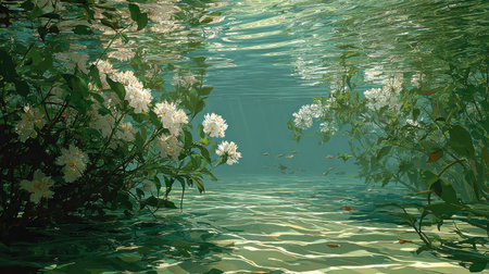 An underwater scene features white flowers and aquatic plants, illuminated by sunlight filtering through clear water. The composition showcases reflections and textures, with variations in green and blue hues. This image would be suitable for artistic projects, nature-themed content, or environmental publications, evoking tranquility.の素材