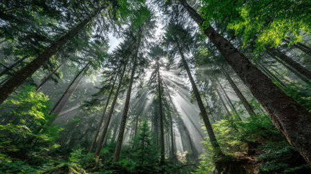 An upward perspective captures a dense forest of tall trees bathed in sunlight. The image showcases green foliage, long trunks, and beams of light. The composition features a symmetrical arrangement, offering a sense of depth and scale. The scene could be used for environmental, nature, or travel-related publications.の素材