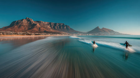 Two surfers glide across the ocean surface near a coastline with distant mountains. The image displays a long exposure technique creating a blurred effect on the water. The composition highlights a bright blue sky and the natural beauty of the environment. Suitable for travel or sports-related visuals.の素材