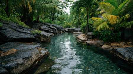 A clear river winds through a vibrant green forest, surrounded by large dark rocks and abundant foliage. The composition showcases an overhead perspective, with natural sunlight illuminating the water and creating reflections. Suitable for nature-themed projects, environmental campaigns, or editorial illustrations, this image evokes a sense of peace.の素材