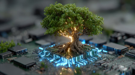 An image shows a tree growing from a circuit board. It features bright green foliage and a detailed trunk, with illuminated blue and gold elements emphasizing the connection. The composition suggests a conceptual blend of technology and the environment suitable for various commercial uses.の素材
