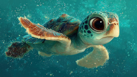 A vibrant illustration portrays a sea turtle gracefully swimming in a marine environment. The artwork showcases vivid colors and a soft lighting effect, suggesting sunlight filtering through the water. This image is suitable for various commercial purposes, including educational materials and decorative designs.の素材