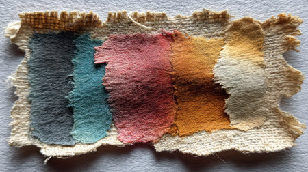 This image showcases a collection of fabric swatches, each displaying a unique hue and texture. The fabrics, ranging from cool blues and greens to warm reds and yellows, are arranged against a neutral background. The composition highlights the diverse materials and colors, offering potential applications in design and textile projects.の素材