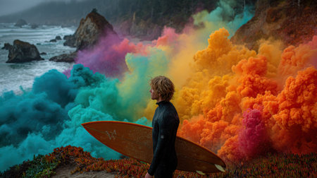 A surfer stands on a coast holding a surfboard, gazing at an ocean view with colorful smoke in the background. The image presents vibrant hues of orange, blue, green, and pink. The composition suggests an artistic and conceptual theme, possibly for promotional material or creative projects. The combination of nature and colors creates a visually interesting scenario.の素材