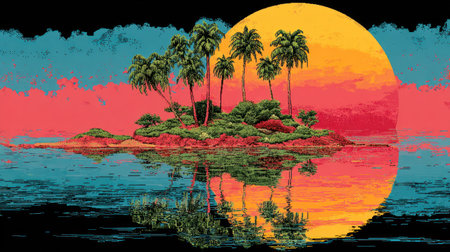 An illustration features a tropical island with palm trees against a vibrant sunset. The composition includes a water reflection, creating a symmetrical effect. Bright colors such as orange, blue and green create a visually appealing scene. Ideal for travel, leisure, or design projects, offering potential for various commercial applications.の素材