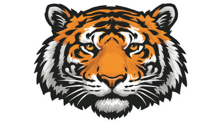 A close-up illustration depicts a tiger's head, showcasing orange and black stripes. The style is graphic with sharp lines and a symmetrical composition. The image has a clean, white background, suitable for various design applications. It could be used for educational materials or commercial projects.の素材